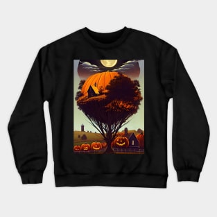 Halloween with tree, house,cornfield, moon, scarecrow Crewneck Sweatshirt